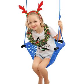 Hand-Knitting Toddler Swing, Swing for Kids with Adjustable Ropes, Heavy Duty Rope Play Secure Children Swing Set, for Indoor, Outdoor, Playground, Tree, 440 lbs Capacity (Blue)