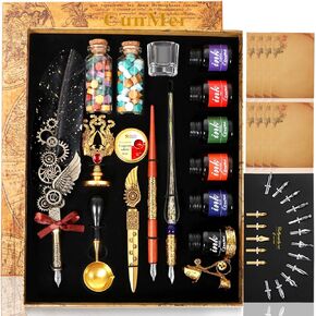 Quill Pen and Ink Set - Mechanical Punk Feather Pen - Wooden Dip Pen - Glass Drawing Pen - Multi Ink Calligraphy Pen Set - Basic Wax Seal Stamp Kit- 17 Calligraphy Nibs（Purple）