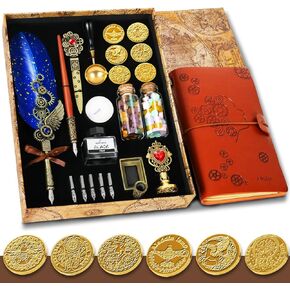 مجموعة حبر قلم Aifeiter Quill. بما في ذلك قلم الريش. دفتر ملاحظات. 5 سناب قابلة للاستبدال. ختم. ملعقة. خرز شمع. شمع أبيض. حبر. حامل قلم. مغلف. ورق رسائل. إلخ. مجموعة أقلام الخط لاختيار الهدية - أزرق. in Kuwait