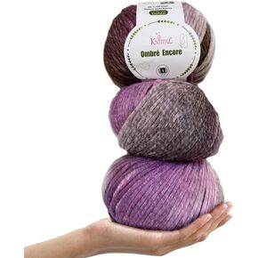 خيوط Ombré-Encore Big Bulky #5 المتنوعة ذاتية التخطيط للحياكة والكروشيه المكتنزة، 3 كرات، 507 ياردة/420 جرام (رمادي أبيض)