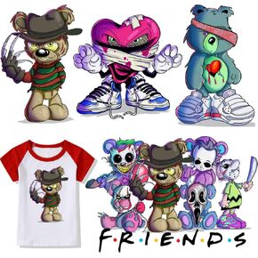 4Pcs Animal Bear Iron on Transfers Stickers Halloween Iron-on Decals Transfers for T-Shirts Bad Guy Patches Heat Stickers Cartoon Ghost Face Designs Iron on Transfers for Bags Clothing DIY Decorations
