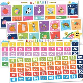 4 قطع لافتة حروف أبجدية ومخطط أرقام 1-100 للأطفال الصغار - خط ABC بأرقام مغلفة للأطفال، ملصقات حروف أبجدية كبيرة لديكورات جدران الفصل الدراسي لفصول ما قبل المدرسة ورياض الأطفال والمدرسة المنزلية - BEAWART in Kuwait