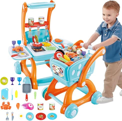 Qizfun 2 in 1 Pretend Play Kitchen Set/Kids Shopping Cart Trolley Playset with Realistic Lights & Sounds, Play Food, Utensils, Cooking Stoves, Great Kitchen Toy Gift for Toddler Boys Grils (Blue) in Saudi Arabia