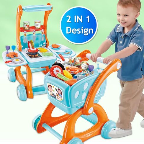 Qizfun 2 in 1 Pretend Play Kitchen Set/Kids Shopping Cart Trolley Playset with Realistic Lights & Sounds, Play Food, Utensils, Cooking Stoves, Great Kitchen Toy Gift for Toddler Boys Grils (Blue) in Saudi Arabia