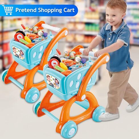 Qizfun 2 in 1 Pretend Play Kitchen Set/Kids Shopping Cart Trolley Playset with Realistic Lights & Sounds, Play Food, Utensils, Cooking Stoves, Great Kitchen Toy Gift for Toddler Boys Grils (Blue) in Saudi Arabia