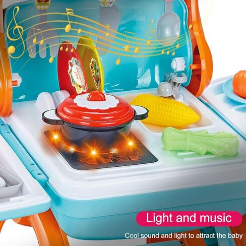 Qizfun 2 in 1 Pretend Play Kitchen Set/Kids Shopping Cart Trolley Playset with Realistic Lights & Sounds, Play Food, Utensils, Cooking Stoves, Great Kitchen Toy Gift for Toddler Boys Grils (Blue) in Saudi Arabia