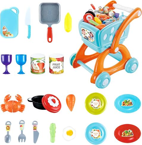 Qizfun 2 in 1 Pretend Play Kitchen Set/Kids Shopping Cart Trolley Playset with Realistic Lights & Sounds, Play Food, Utensils, Cooking Stoves, Great Kitchen Toy Gift for Toddler Boys Grils (Blue) in Saudi Arabia