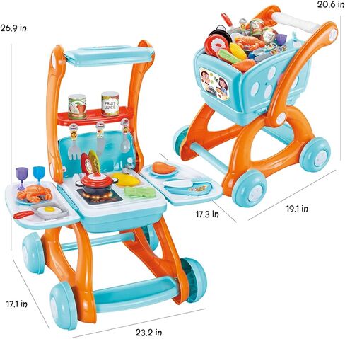 Qizfun 2 in 1 Pretend Play Kitchen Set/Kids Shopping Cart Trolley Playset with Realistic Lights & Sounds, Play Food, Utensils, Cooking Stoves, Great Kitchen Toy Gift for Toddler Boys Grils (Blue) in Saudi Arabia