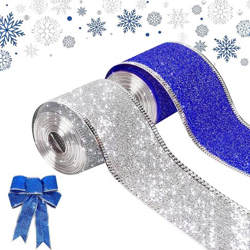 Wired Ribbon Christmas Ribbon Wired Edge 2"x 60 ft(2 Rolls x 30ft) Glitter Ribbon for Gift Wrapping Christmas Tree Ribbon Party Decor Wreath Bows Crafting Supplies(Sliver, Blue) in Kuwait