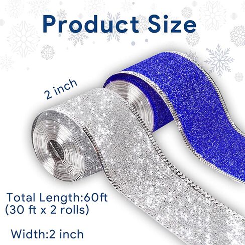 Wired Ribbon Christmas Ribbon Wired Edge 2"x 60 ft(2 Rolls x 30ft) Glitter Ribbon for Gift Wrapping Christmas Tree Ribbon Party Decor Wreath Bows Crafting Supplies(Sliver, Blue) in Kuwait
