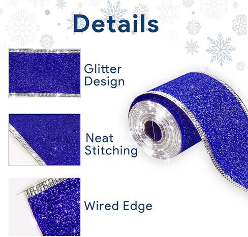 Wired Ribbon Christmas Ribbon Wired Edge 2"x 60 ft(2 Rolls x 30ft) Glitter Ribbon for Gift Wrapping Christmas Tree Ribbon Party Decor Wreath Bows Crafting Supplies(Sliver, Blue) in Kuwait