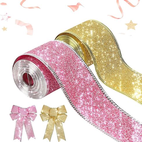 Wired Ribbon Christmas Ribbon Wired Edge 2"x 60 ft(2 Rolls x 30ft) Glitter Ribbon for Gift Wrapping Christmas Tree Ribbon Party Decor Wreath Bows Crafting Supplies(Sliver, Blue) in Saudi Arabia