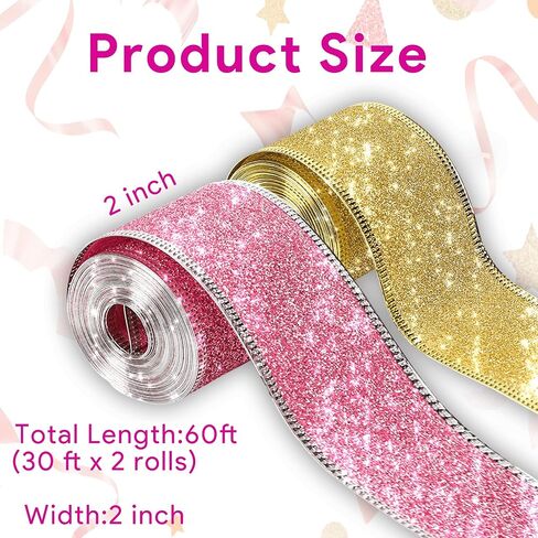 Wired Ribbon Christmas Ribbon Wired Edge 2"x 60 ft(2 Rolls x 30ft) Glitter Ribbon for Gift Wrapping Christmas Tree Ribbon Party Decor Wreath Bows Crafting Supplies(Sliver, Blue) in Saudi Arabia