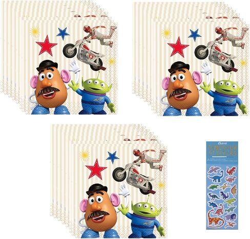 Toy Story Birthday Party Supplies Bundle Pack includes 48 Beverage Cake Paper Napkins and 1 Esave Dinosaur Sticker Sheet in Saudi Arabia