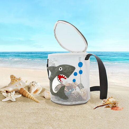 SENGEE Beach Toy Storage Bag Cute Cartoon Pattern Shell Mesh Drum, Shell Bag, Kids Sandbox, Net Bag,Shelling Tools for Beach for Kids, Shark Patter in Saudi Arabia
