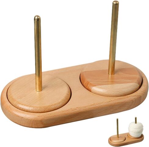 OLizee® Rotatable Brass Double Yarn Holder with Wood Base Yarn Ball Holder Yarn Skein Holder Yarn Ball Spindle Yarn Spinning Holder for Knitting and Crocheting in Saudi Arabia