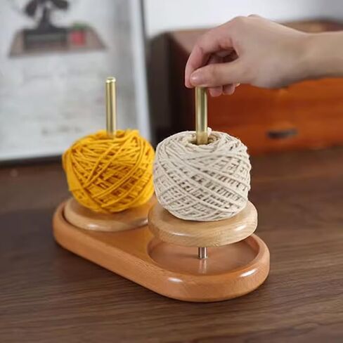 OLizee® Rotatable Brass Double Yarn Holder with Wood Base Yarn Ball Holder Yarn Skein Holder Yarn Ball Spindle Yarn Spinning Holder for Knitting and Crocheting in Saudi Arabia