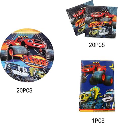 ALLPICK Blaze and the Monster Machine Party Supplies, 20 plates, 20 napkins and 1 tablecloth for Monster Truck Theme Party in Kuwait