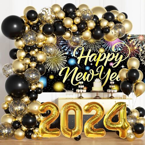 ديكورات العام الجديد 2024، لوازم حفلات ليلة رأس السنة الجديدة مع طقم قوس جارلاند باللونين الأسود والذهبي، بالونات العام الجديد 2024، بالونات فويل لديكور حفلات عيد ميلاد رأس السنة السعيدة (بدون خلفية) in Kuwait