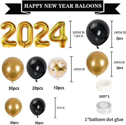 ديكورات العام الجديد 2024، لوازم حفلات ليلة رأس السنة الجديدة مع طقم قوس جارلاند باللونين الأسود والذهبي، بالونات العام الجديد 2024، بالونات فويل لديكور حفلات عيد ميلاد رأس السنة السعيدة (بدون خلفية) in Kuwait