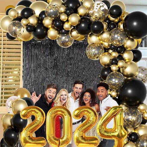 ديكورات العام الجديد 2024، لوازم حفلات ليلة رأس السنة الجديدة مع طقم قوس جارلاند باللونين الأسود والذهبي، بالونات العام الجديد 2024، بالونات فويل لديكور حفلات عيد ميلاد رأس السنة السعيدة (بدون خلفية) in Kuwait