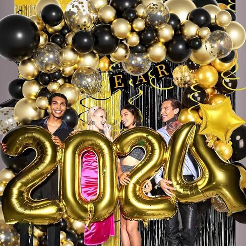ديكورات العام الجديد 2024، لوازم حفلات ليلة رأس السنة الجديدة مع طقم قوس جارلاند باللونين الأسود والذهبي، بالونات العام الجديد 2024، بالونات فويل لديكور حفلات عيد ميلاد رأس السنة السعيدة (بدون خلفية) in Kuwait
