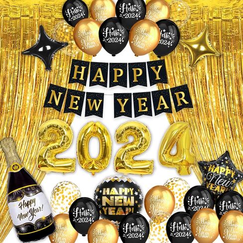 ديكورات سنة جديدة سعيدة 2024 من GERMISHUYS، تتضمن لوازم حفلات ليلة رأس السنة الجديدة 2024 بالونات، ولافتة، وبالونات ذهبية سوداء، ودوامات معلقة وستائر مهدبة، وديكورات حفلات ليلة رأس السنة الجديدة in Kuwait