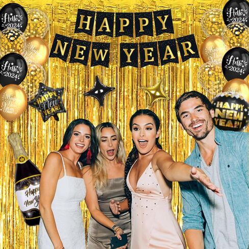 ديكورات سنة جديدة سعيدة 2024 من GERMISHUYS، تتضمن لوازم حفلات ليلة رأس السنة الجديدة 2024 بالونات، ولافتة، وبالونات ذهبية سوداء، ودوامات معلقة وستائر مهدبة، وديكورات حفلات ليلة رأس السنة الجديدة in Kuwait