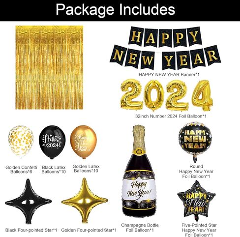 ديكورات سنة جديدة سعيدة 2024 من GERMISHUYS، تتضمن لوازم حفلات ليلة رأس السنة الجديدة 2024 بالونات، ولافتة، وبالونات ذهبية سوداء، ودوامات معلقة وستائر مهدبة، وديكورات حفلات ليلة رأس السنة الجديدة in Kuwait