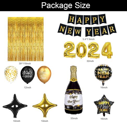 ديكورات سنة جديدة سعيدة 2024 من GERMISHUYS، تتضمن لوازم حفلات ليلة رأس السنة الجديدة 2024 بالونات، ولافتة، وبالونات ذهبية سوداء، ودوامات معلقة وستائر مهدبة، وديكورات حفلات ليلة رأس السنة الجديدة in Kuwait