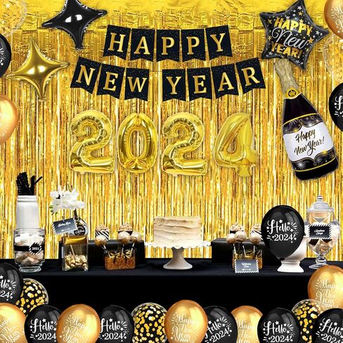 ديكورات سنة جديدة سعيدة 2024 من GERMISHUYS، تتضمن لوازم حفلات ليلة رأس السنة الجديدة 2024 بالونات، ولافتة، وبالونات ذهبية سوداء، ودوامات معلقة وستائر مهدبة، وديكورات حفلات ليلة رأس السنة الجديدة in Kuwait