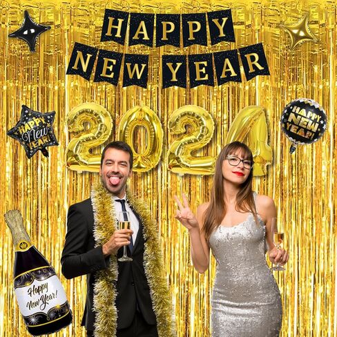 ديكورات سنة جديدة سعيدة 2024 من GERMISHUYS، تتضمن لوازم حفلات ليلة رأس السنة الجديدة 2024 بالونات، ولافتة، وبالونات ذهبية سوداء، ودوامات معلقة وستائر مهدبة، وديكورات حفلات ليلة رأس السنة الجديدة in Kuwait