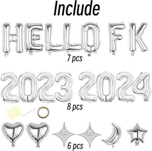 21 قطعة زينة حفلات رأس السنة السعيدة من اتش تي تي اس جي بي دبليو، بالونات فضية للعام الجديد 2024 بعبارة Hello 2024، بالونات فويل لمستلزمات الحفلات وديكور ليلة رأس السنة للمنزل والمكتب in Kuwait
