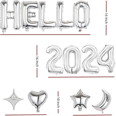 21 قطعة زينة حفلات رأس السنة السعيدة من اتش تي تي اس جي بي دبليو، بالونات فضية للعام الجديد 2024 بعبارة Hello 2024، بالونات فويل لمستلزمات الحفلات وديكور ليلة رأس السنة للمنزل والمكتب in Kuwait