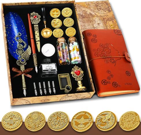 مجموعة حبر قلم Aifeiter Quill. بما في ذلك قلم الريش. دفتر ملاحظات. 5 سناب قابلة للاستبدال. ختم. ملعقة. خرز شمع. شمع أبيض. حبر. حامل قلم. مغلف. ورق رسائل. إلخ. مجموعة أقلام الخط لاختيار الهدية - أزرق. in Kuwait