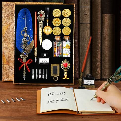 مجموعة حبر قلم Aifeiter Quill. بما في ذلك قلم الريش. دفتر ملاحظات. 5 سناب قابلة للاستبدال. ختم. ملعقة. خرز شمع. شمع أبيض. حبر. حامل قلم. مغلف. ورق رسائل. إلخ. مجموعة أقلام الخط لاختيار الهدية - أزرق. in Kuwait