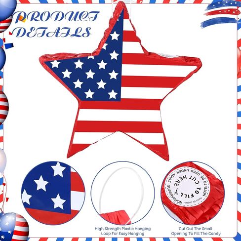 Hicarer Patriotic Hat Pinata with Red White Blue Pinata Stick Blindfold and Pentagram Confetti for Kids Adult Memorial Day 4th of July Independence Day Patriotic Party Decorations Supplies, 14 Inch in Saudi Arabia