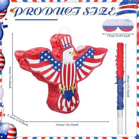 Hicarer Patriotic Hat Pinata with Red White Blue Pinata Stick Blindfold and Pentagram Confetti for Kids Adult Memorial Day 4th of July Independence Day Patriotic Party Decorations Supplies, 14 Inch in Kuwait