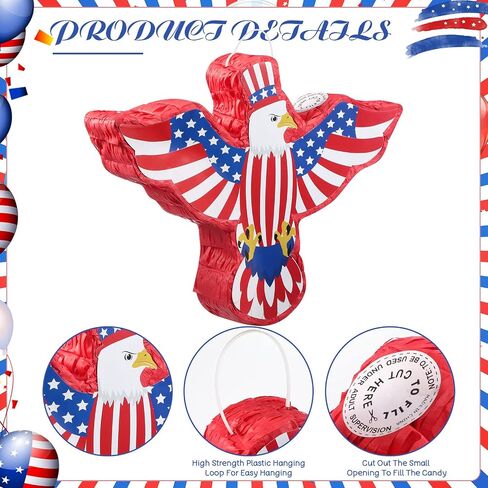 Hicarer Patriotic Hat Pinata with Red White Blue Pinata Stick Blindfold and Pentagram Confetti for Kids Adult Memorial Day 4th of July Independence Day Patriotic Party Decorations Supplies, 14 Inch in Kuwait
