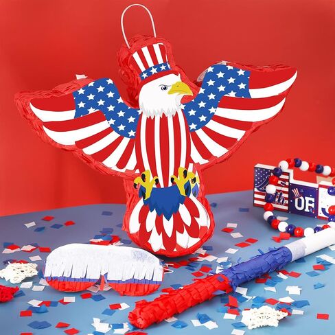 Hicarer Patriotic Hat Pinata with Red White Blue Pinata Stick Blindfold and Pentagram Confetti for Kids Adult Memorial Day 4th of July Independence Day Patriotic Party Decorations Supplies, 14 Inch in Kuwait