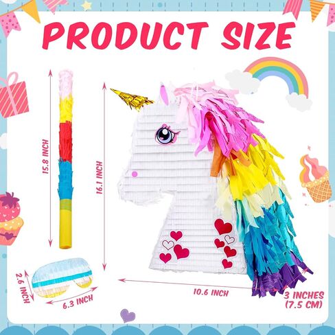 Unicorn Rainbow Pinata for Girls Birthday Party Supplies Small Pinata Set Includes Mask Bat and Confetti Bag for Kids Unicorn Theme Birthday Party Game Party Decorations, 16 x 10.6 x 3 Inches in Saudi Arabia