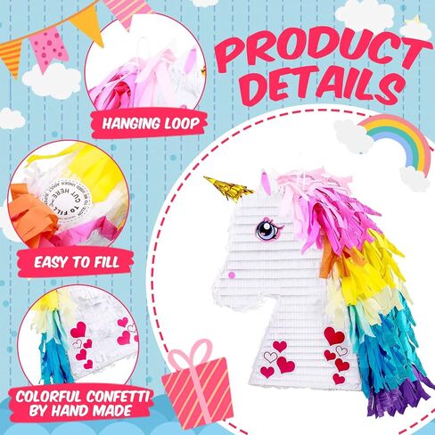 Unicorn Rainbow Pinata for Girls Birthday Party Supplies Small Pinata Set Includes Mask Bat and Confetti Bag for Kids Unicorn Theme Birthday Party Game Party Decorations, 16 x 10.6 x 3 Inches in Saudi Arabia
