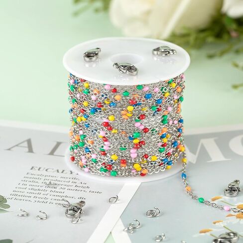 KYUNHOO Light Blue Beaded Chain Spool Gold Plated Jewelry Making Chain Necklace with Lobster Clasps and Jump Rings for Jewelry Crafts DIY Making Finding Supplies in Saudi Arabia