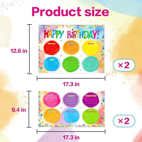 Omlisca Watercolor Birthday Poster 2 Pack Happy Birthday Chart for Classroom Decorations Birthday Calendar Poster Bulletin Board Chalkboards Wall Decorations Back To School Teacher Supplies 17" X 22" in Saudi Arabia