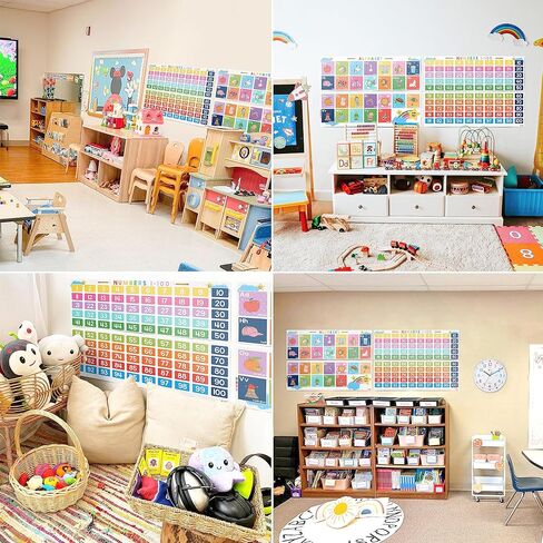 4 قطع لافتة حروف أبجدية ومخطط أرقام 1-100 للأطفال الصغار - خط ABC بأرقام مغلفة للأطفال، ملصقات حروف أبجدية كبيرة لديكورات جدران الفصل الدراسي لفصول ما قبل المدرسة ورياض الأطفال والمدرسة المنزلية - BEAWART in Kuwait