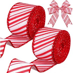 MTLEE 2 Rolls Christmas Peppermint Stripe Ribbon Red and White Wired Ribbon Christmas Candy Wrapping Ribbon Christmas Wide Fabric Ribbon for Christmas Wreath Bow Making DIY Craft(1.5 Inch x 6 Yard)