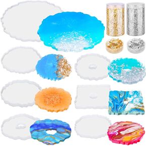 Resin Coaster Molds, Shynek Resin Molds Set with 6Pcs Geode Coaster Mold 1Pcs Silicone Resin Tray Molds Gold Foils Flakes Epoxy Resin Molds for Resin Casting in Kuwait