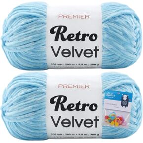 Premier Yarns Retro Velvet Yarn - Big Ball 9.8 Oz - 2 Pack Bundle with Bella's Crafts Stitch Markers (Almond)