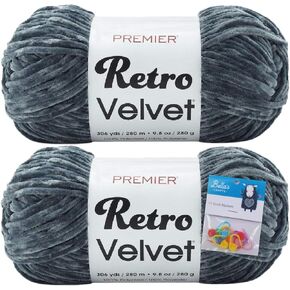 Premier Yarns Retro Velvet Yarn - Big Ball 9.8 Oz - 2 Pack Bundle with Bella's Crafts Stitch Markers (Almond)