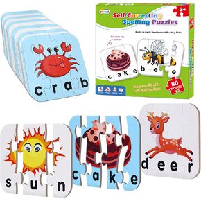 80 Words Self-Correcting Spelling Puzzles, Double-Sided Three and Four Letter Words with Matching Images, Perfect for Preschool Learning